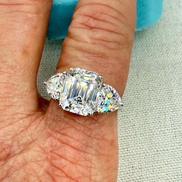 7.40 CTW Moissanite Three Stone Asscher Cut Ring 925 Silver Size 8 NWT - Picture 6 of 17